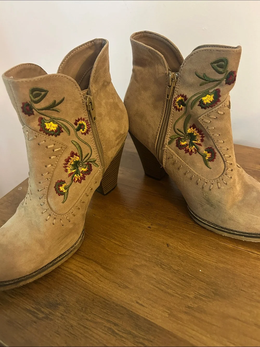 MIA Tan Suede Ankle Boots with Multicolor Floral Embroidery